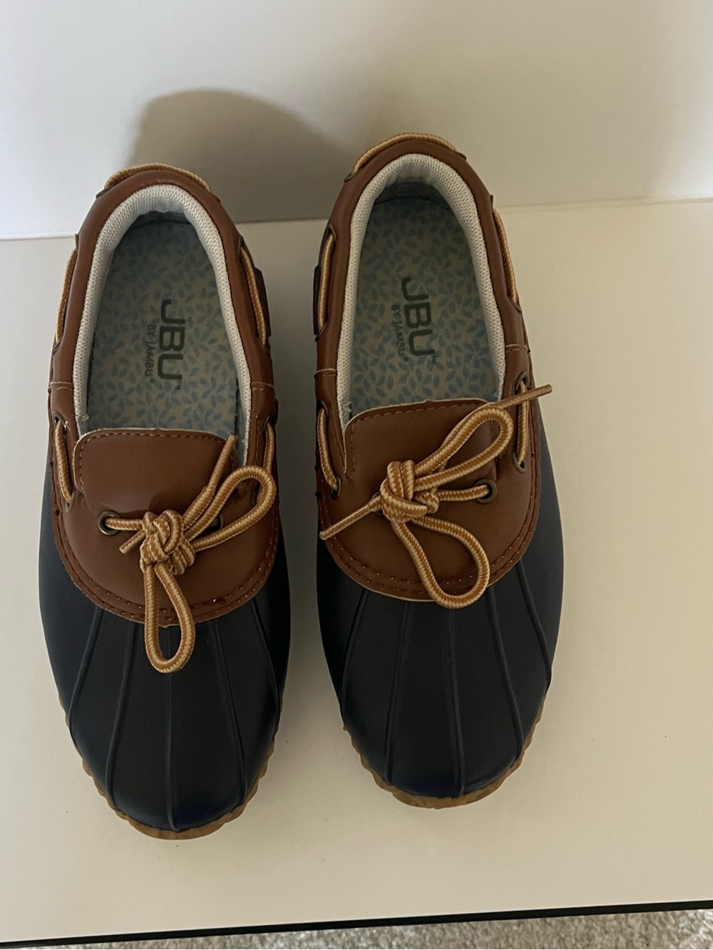 JBU Women's Black and Brown Duck-Style Slip-On Rain Shoes